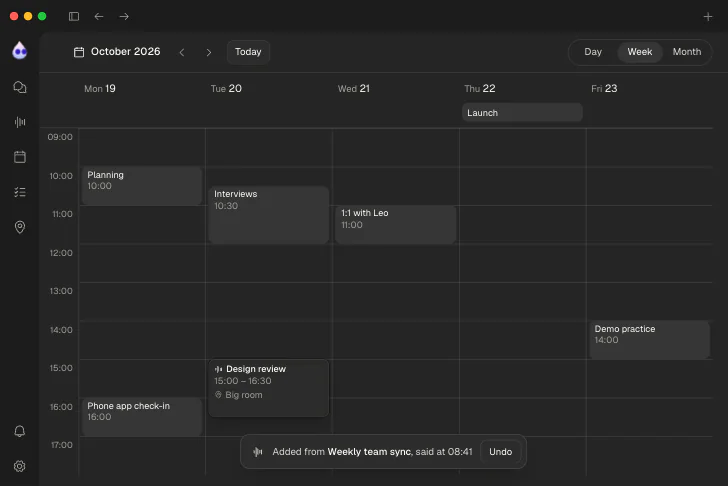A meeting said aloud in a recording, added to the calendar, with an Undo
