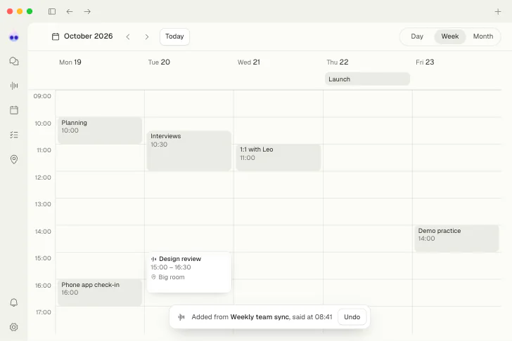 A meeting said aloud in a recording, added to the calendar, with an Undo
