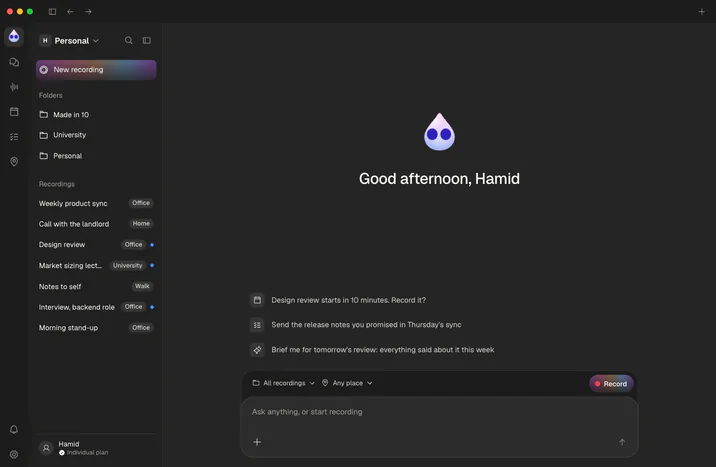Taad's home screen: folders and recent recordings in the sidebar, what's coming up, and the ask box with Record