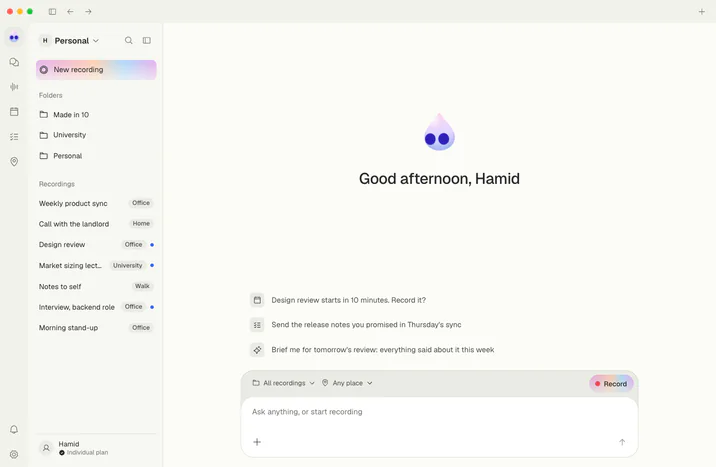 Taad's home screen: folders and recent recordings in the sidebar, what's coming up, and the ask box with Record