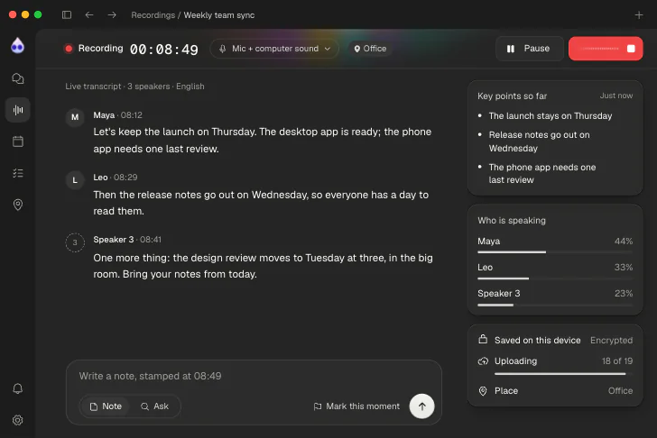 Taad recording a meeting: the timer, the live transcript by speaker, and the key points so far