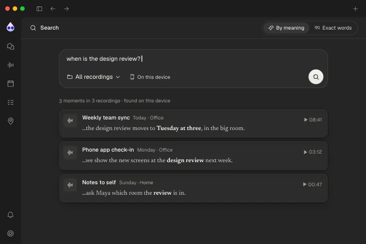 Search: a question typed in, and the moments in three recordings that answer it