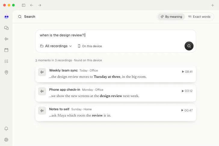 Search: a question typed in, and the moments in three recordings that answer it