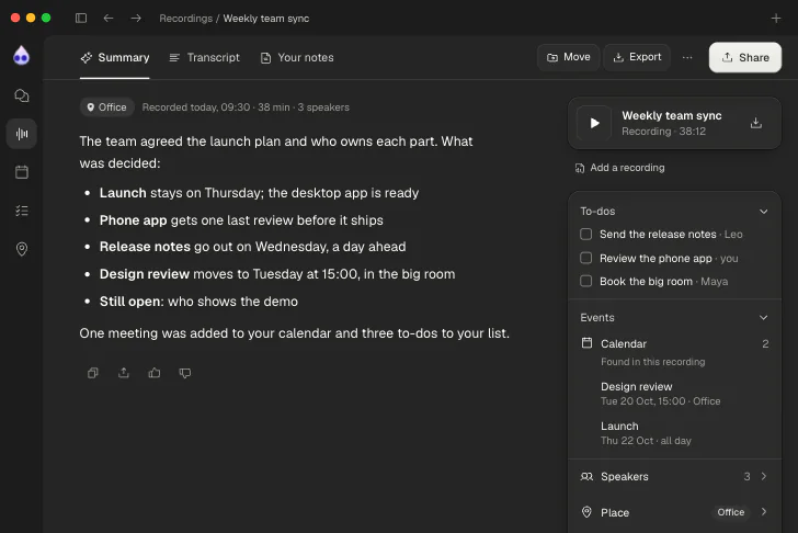 A finished recording's summary: what was decided, with the to-dos, events and speakers beside it