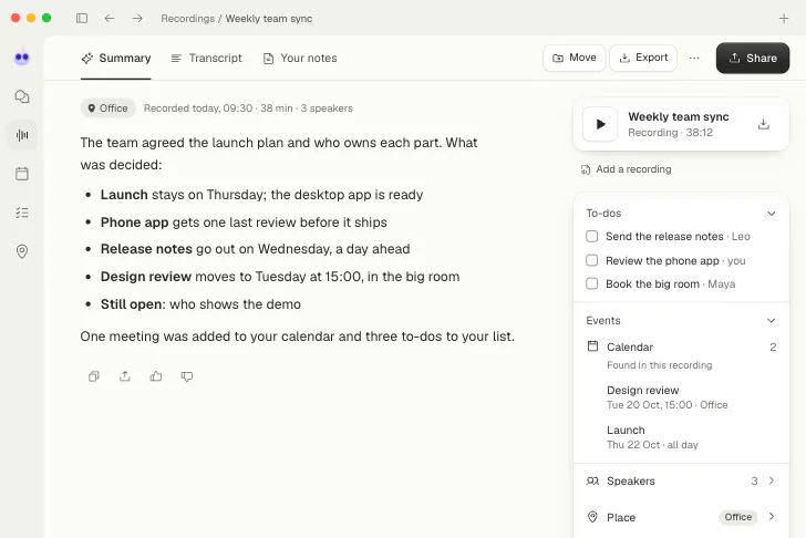 A finished recording's summary: what was decided, with the to-dos, events and speakers beside it